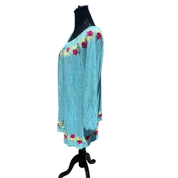 Soft Surroundings 1XL Blouse dream trip embroidered Smocked Greenish blue top - Picture 5 of 8